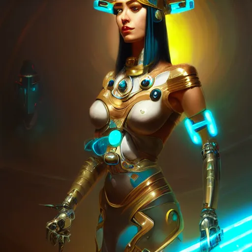Prompt: a portrait of a beautiful cybernetic cleopatra, cyberpunk concept art by pete mohrbacher and wlop and artgerm and josan gonzales, digital art, highly detailed, intricate, sci-fi, sharp focus, Trending on Artstation HQ, deviantart, unreal engine 5, 4K UHD image