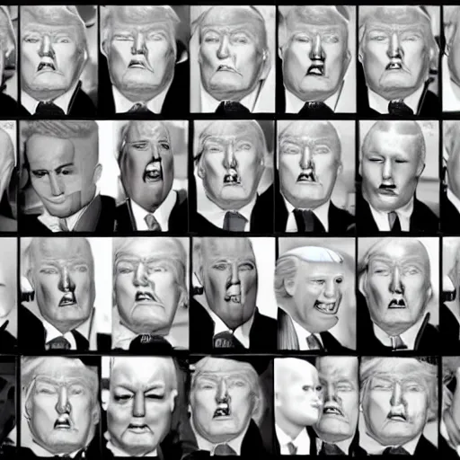 Prompt: CCTV footage of an entire room filled with Donald Trump clones staring at the camera, creepy, nightvision, screencapture