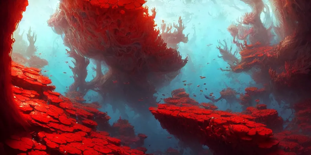 Image similar to beautiful red coral, underwater caverns, 5 e, d & d, fantasy, highly detailed, masterpiece, digital painting, artstation, concept art, smooth, sharp focus, illustration, art by artgerm, by greg rutkowski