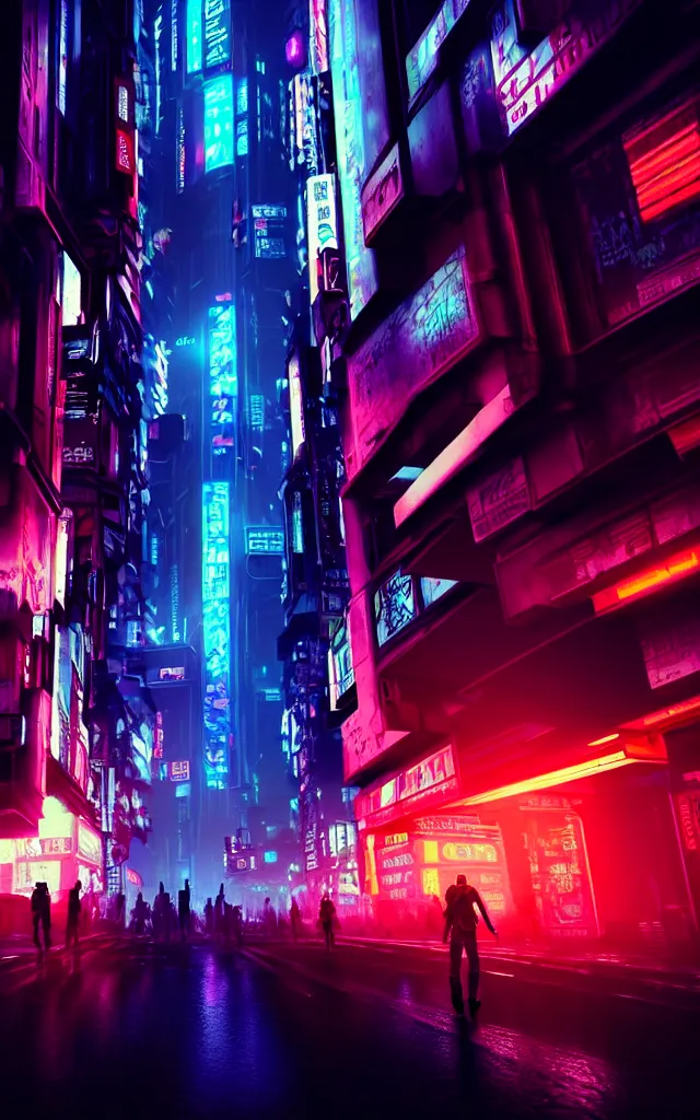 Image similar to concept art of a magnificent dark neon futuristic cyberpunk city bustling street at night cyberart by liam wong in the film akira rendered in octane, 3 d render, trending on cgsociety, blender 3 d