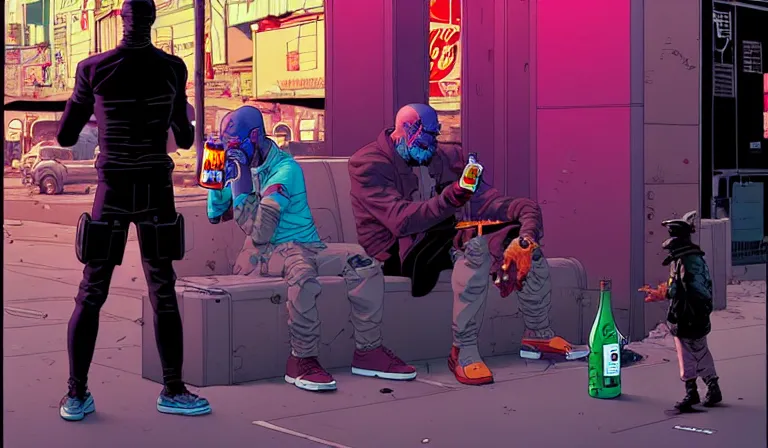 Prompt: cyborg drinking Coke at a dirty crowded streetcorner, cyberpunk, by Josan Gonzalez and Tomer Hanuka and Moebius, bokh, dof