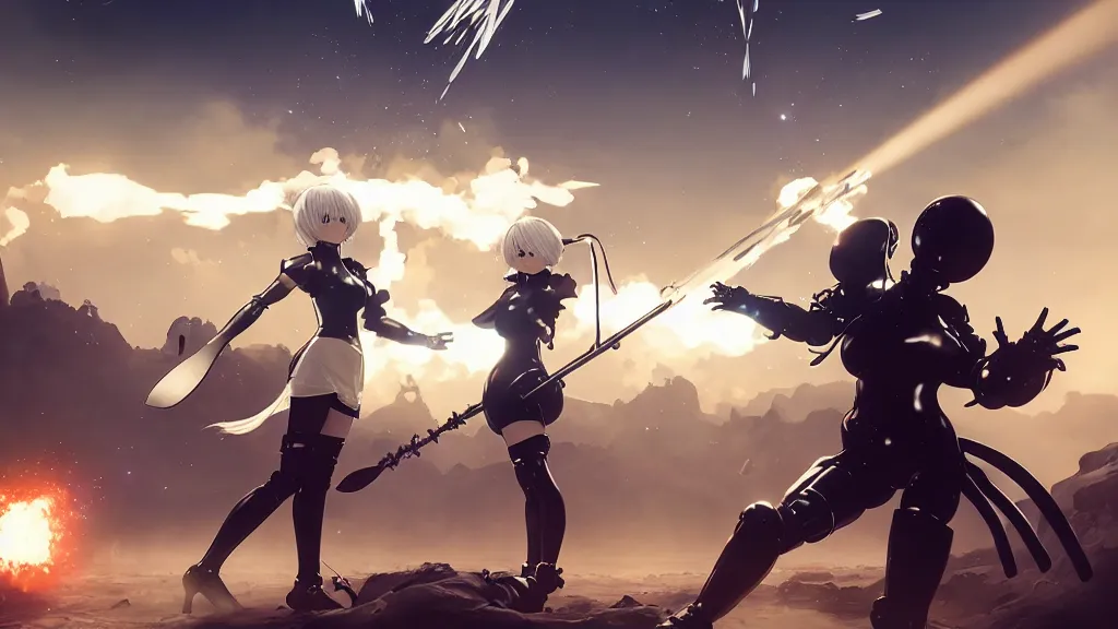 Image similar to 2 b nier automata fighting a robot, art by moebius, starry sky, gorgeous clouds, god rays, fantasy art, octane render, ureal engine, high detail, alphonse mucha, greg rutkowski, james gurney, johannes voss