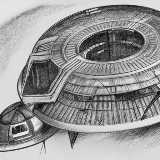 Image similar to vintage, detailed, pencil sketch of sci - fi ufo construction, all parts, with full descriptions, on old parchment