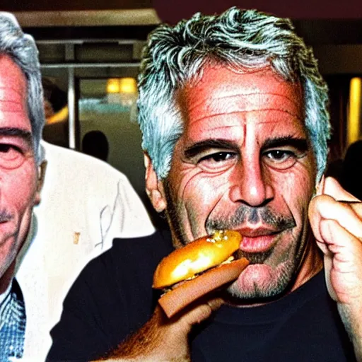 Image similar to jeffrey epstein and fat al eating a hamburger at mcdonalds