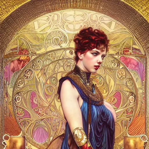 Prompt: realistic detailed painting of 16-year old Scarlett Johansson dressed in ornate Egyptian costume by Alphonse Mucha, Ayami Kojima, Amano, Charlie Bowater, Karol Bak, Greg Hildebrandt, Jean Delville, and Mark Brooks, Art Nouveau, Neo-Gothic, gothic, rich deep colors