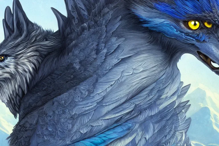 Image similar to Blue feathered wolf with wings on a beautiful fantasy landscape, hills, mountains, moonlit, HD, illustration, epic, D&D, fantasy, intricate, elegant, highly detailed, digital painting, artstation, concept art, smooth, sharp focus, illustration, wallpaper, art by artgerm and greg rutkowski and alphonse mucha and jin xiaodi