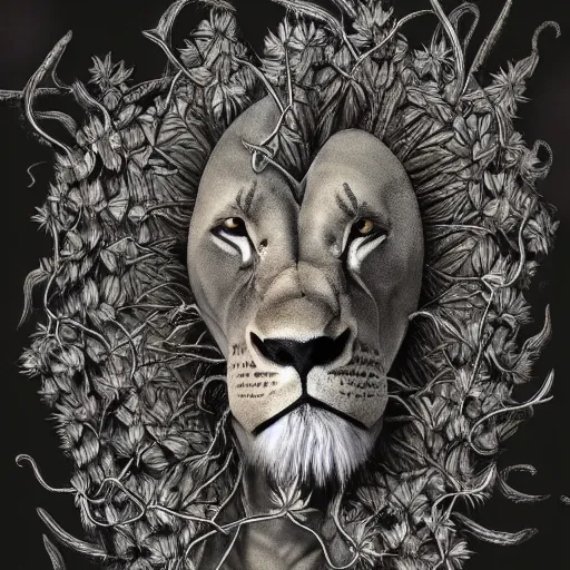 Prompt: a plant lion whose body is made of ( thorny vines ), fantasy art