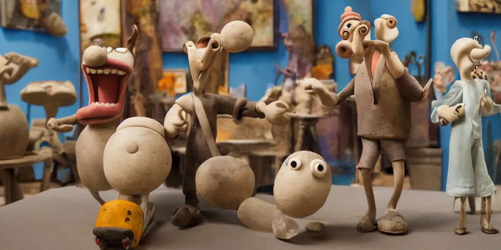 Prompt: wallace and gromit visit a gallery, clay, art exhibition, contemporary art,