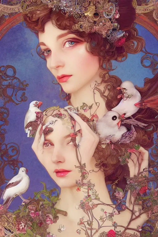 Prompt: extremely beautiful face closeup, 3 d render of english princess holding birds, ornaments, mucha vibe, dieselpunk, solarpunk, artstation, gorgeous, elegant, graceful