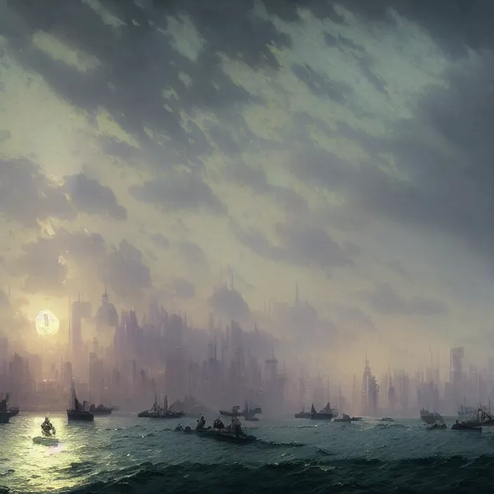 Prompt: a beautiful painting of a cyberpunk city on the sea by ivan aivazovsky and greg rutkowski and james gurney and frank lloyd and sung choi, in style of digital art illustration. hyper detailed, sharp focus, soft light. unreal engine 5 lumen. ray tracing. trending on artstation.