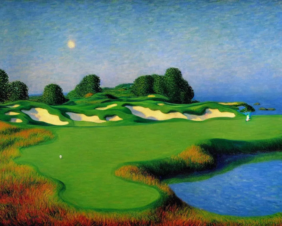 Image similar to achingly beautiful painting of pacific dunes golf by rene magritte, monet, and turner.