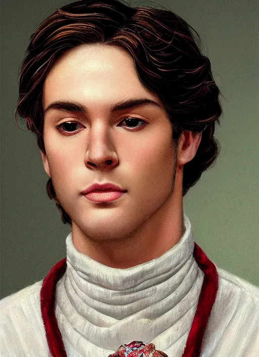 Prompt: close-up portrait of young white male wizard, with short white hairstyle, with pearl necklace and pearl earing, in the museum, in white turtleneck shirt, painting in the museum, highly detailed, sharp focus, digital painting, artwork by Kinkade, by Victor Adame Minguez by Yuumei by Tom Lovell by Sandro Botticelli
