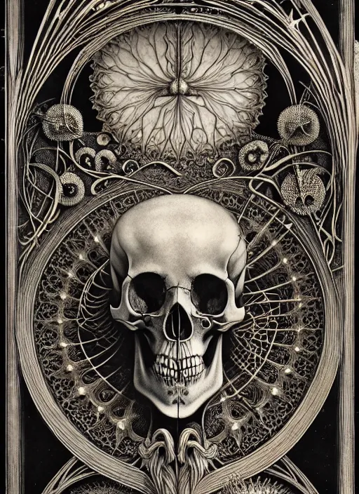 Image similar to art forms of nature by ernst haeckel, memento mori by arthur rackham, ornate antique porcelain beautiful skull mask, ultrasharp, photorealistic, hyperdetailed, octane render, polished, art nouveau, neo - gothic, gothic, intricate ornamental organic filigree, art nouveau botanicals, art forms of nature by ernst haeckel, horizontal symmetry, symbolist, visionary