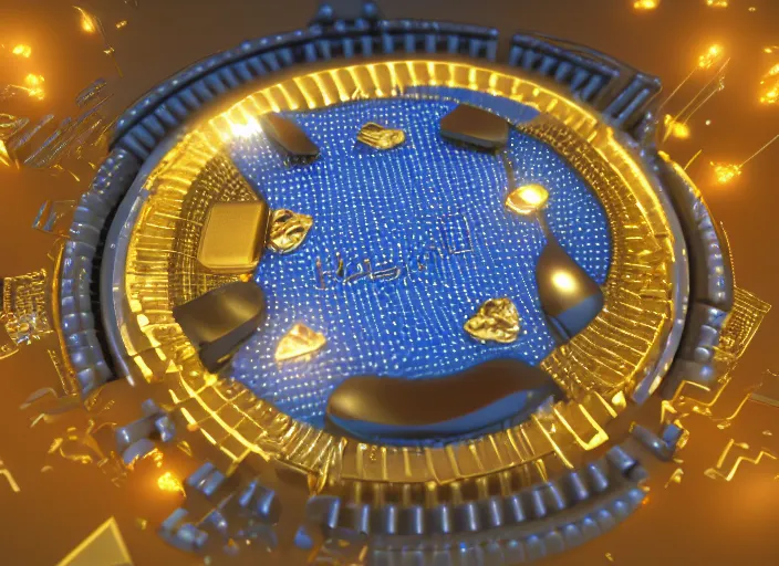 Image similar to Magic golden computer chip with a glowing flat crystal embedded in the center, mana flowing around it, product photo, hyperrealism, trending on artstation, unreal engine 5 render