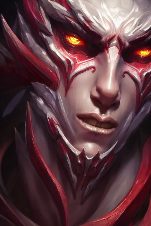 Prompt: ultra detailed facial close up portrait of aatrox from league of legends, by riot games, extremely detailed digital painting, in the style of fenghua zhong and ruan jia and jeremy lipking and peter mohrbacher, mystical colors, rim light, beautiful lighting, 8 k, stunning scene, raytracing, octane, trending on artstation