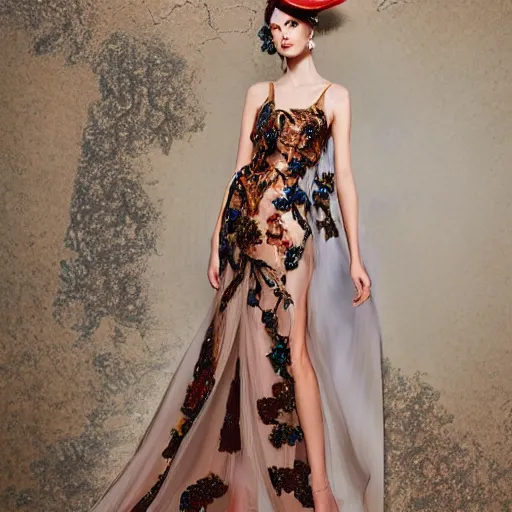 Image similar to exclusive evening dress made of bronze transparent fabric fantasy with colored flower petals made of fabric. intricate asymmetrical patterns. an elegant hat. hyperrealistic photos, clear details.