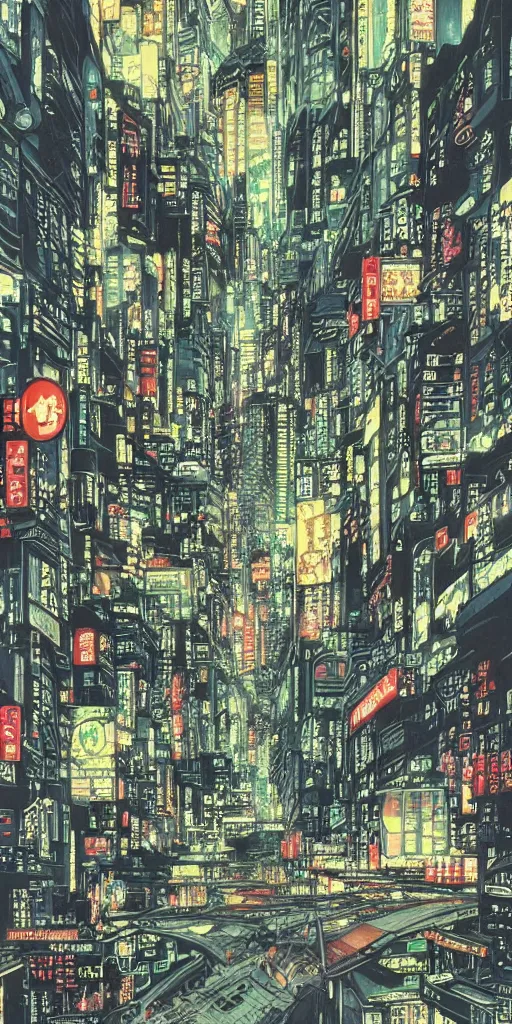 Image similar to beautiful and detailed anime drawing of an AKIRA-like cyberpunk city landscape with light trail from a motorcycle at the bottom and a bridge silhouette at the top, japan at night, 1980s, by Katsuhiro Otomo and mamoru oshii, wide angle, worm\'s eye view, grand, clean, colorful