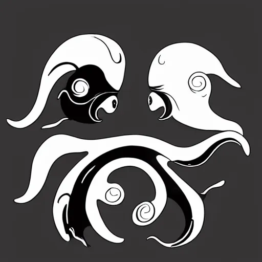 Image similar to whimsical yin Yang sea creatures as old black and white fleischer animation