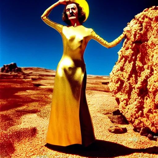 Image similar to salvador dali wearing a golden dress with jewels in a dry rocky desert landscape, visible sky and sunny atmosphere, film still from the movie by alejandro jodorowsky with cinematogrophy of christopher doyle and art direction by hans giger, anamorphic lens, kodakchrome, very detailed photo, 8 k