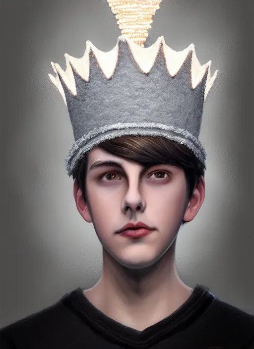 Image similar to portrait of teenage jughead jones wearing a light grey crown, photorealistic, crown made of fabric, crown made of felt, black hair, intricate, elegant, highly detailed, digital painting, glowing lights, artstation, concept art, smooth, sharp focus, illustration, art by wlop, mars ravelo and greg rutkowski