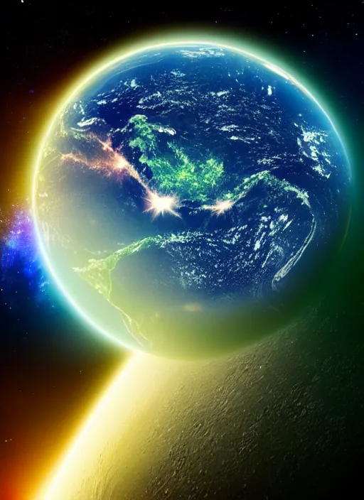 Image similar to photograph of the earth as seen from the space at night lights glowing entire globe, nebula in the background high detail beautiful stars and earth moon behind earth