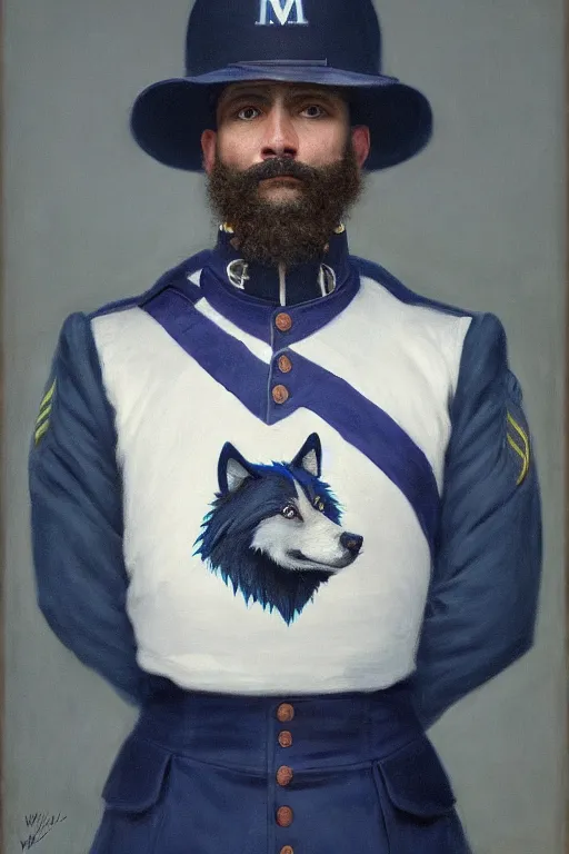 Image similar to battle portrait of the dictator of the minnesota timberwolves, 1 8 8 9, in full military garb, midnight blue, lake blue, aurora green, moonlight grey, oil on canvas by william sidney mount, trending on artstation