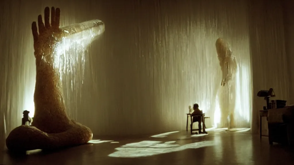 Image similar to a giant hand made of wax and water floats through the living room, film still from the movie directed by Denis Villeneuve with art direction by Salvador Dalí, wide lens