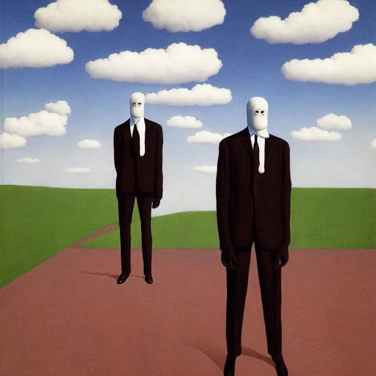 Image similar to portrait of a faceless shadow - head man in a suit, clouds in the background, by rene magritte, detailed painting, distance, centered, hd, hq, high resolution, high detail, 4 k, 8 k