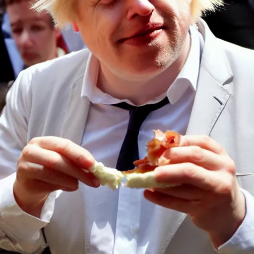 Prompt: Boris Johnson eating a bacon sandwich awkwardly