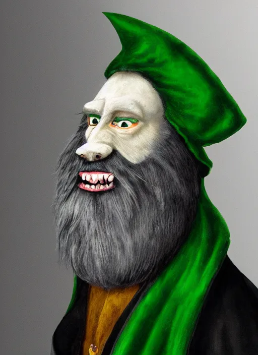 Image similar to portrait picture of a gray anthropomorphic rat with beard and jewelry, green eyes, tricorne hat, green robe, D&D, digital art