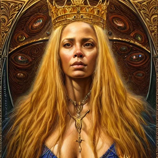 Prompt: highly detailed portrait of a majestic lioness queen in the form of a beautiful woman. d & d, art by donato giancola. trending on artstation, intricate details, energetic composition, golden ratio, concept art, illustration, elegant art, global illuminaition