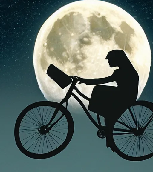 Image similar to a witch with a pointy hat is riding a flying bike across the full moon as silhouette, from the movie e. t. the extra terrestrial, with dark trees in foreground, cinematic frame by steven spielberg, hd