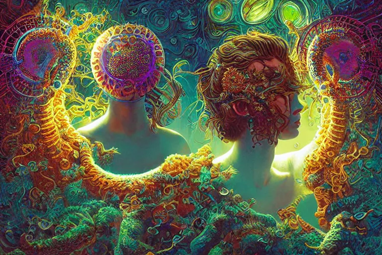 Prompt: raver by artgerm, steve argyle, ernst haeckel, david a. hardy, oyama kojima, phil koch, annie leibovitz, benoit mandelbrot, dan mumford, bruce pennington, mimmo rotella