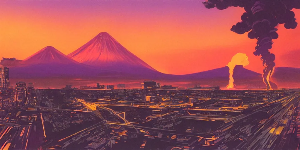 Image similar to ”large city with volcano erupting in the background in the sunset, photorealistic, by syd mead”