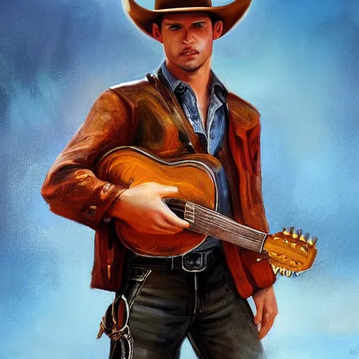 Prompt: modern oil portrait of young charming gunslinger cowboy, holding a pistol and a guitar, fantasy desert background, very very very very very beautiful art, masterpiece, realistic and detailed, artstation