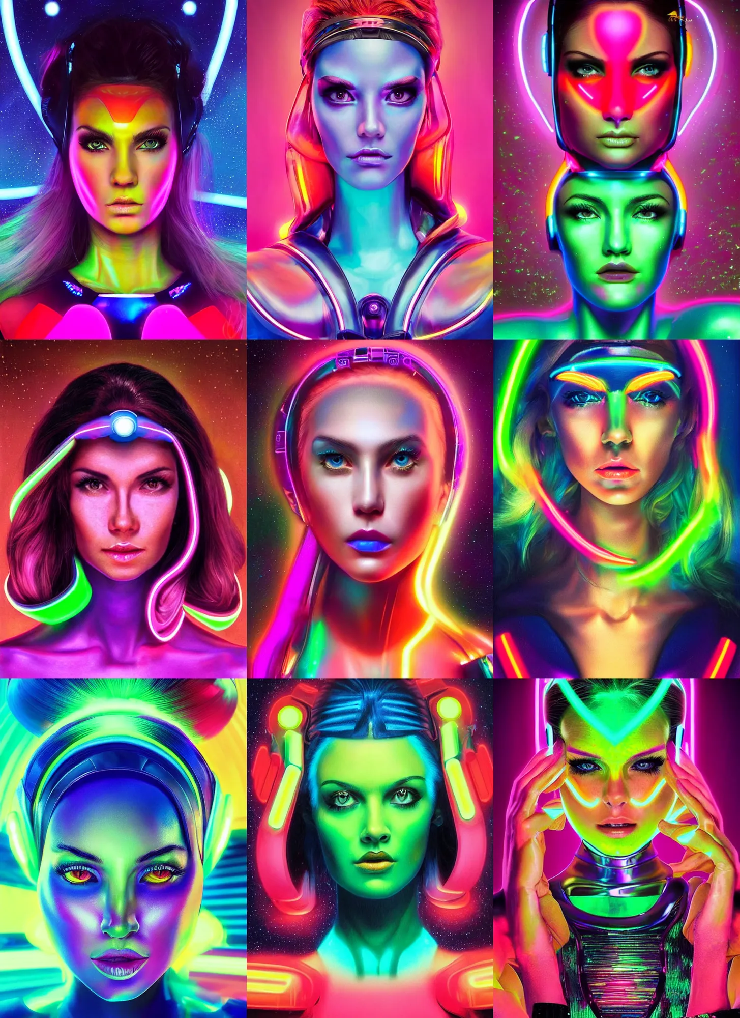 Prompt: gorgeous android woman facial portrait dressed in an aerobic sci - fi outfit of the eighties with neon colors and head band, retro, beautiful lights, vintage look, depth of field, hyper realistic, illustration, airbrush, 8 k, intricate, duo tone, art by david la chapelle and philip castle, artgerm