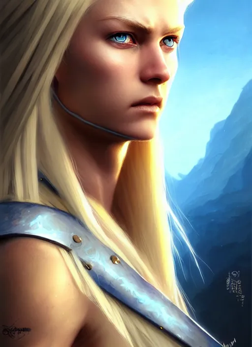 Image similar to a _ fantasy _ style _ portrait _ painting _ of white female paladin with blonde hair and blue eyes, scar under left eye, holy oil _ painting _ unreal _ 5 _ daz. _ rpg _ portrait _ extremely _ detailed _ artgerm _ greg _ rutkowski _ greg