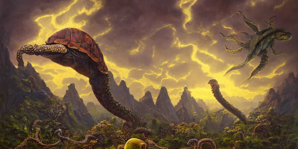 Image similar to fantasy oil painting, great leviathan, cybernetic turtle cephalopod terrapin reptilian pachyderm squid, bella hadid, hybrid, milla jovovich, anubis, epic natural light, lush plants flowers, spectacular mountains, bright clouds, luminous sky, outer worlds, golden hour, michael cheval, edward hopper, michael whelan, vray, hd