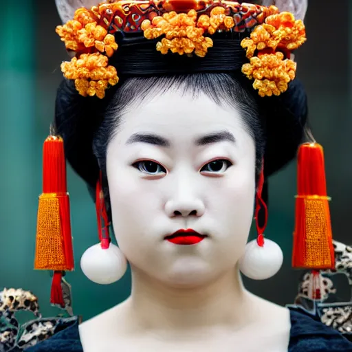 Image similar to minimalist photography portrait of an elaborately adorned oiran, symmetrical, super close up, mid thirties, cute round green slanted eyes, porcelain skin, wide nostrils, chubby cheeks, high flat eyebrows, ethereal essence, angelic, leica 1 0 0 mm f 0. 8