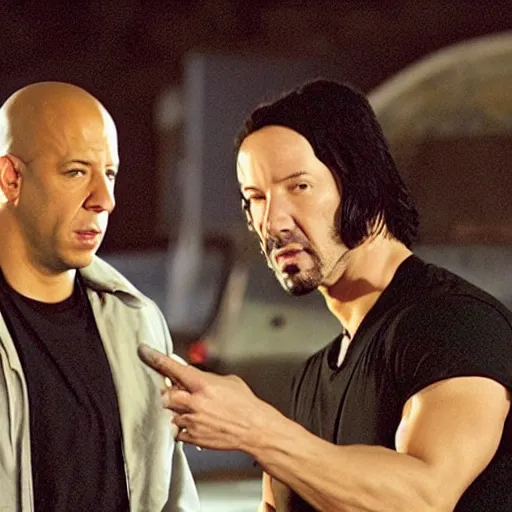 Prompt: film still of Vin Diesel as Domenic Toreto and Keanu Reeves as Brian O’Conner in Fast and the Furious