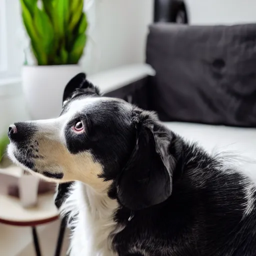 Prompt: a dog that looks like mickey mouse, white face, black body, black nose, black sharp ears, sitting down on a sofa, house plants in the background, indoors, dim light, photograph, 4 k, shot on iphone