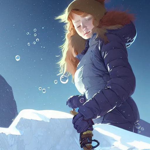 Image similar to portrait of madeline from celeste climbing a snowy mountain, bubble jacket, highly detailed, digital painting, artstation, concept art, sharp focus, illustration, art by greg rutkowski and alphonse mucha