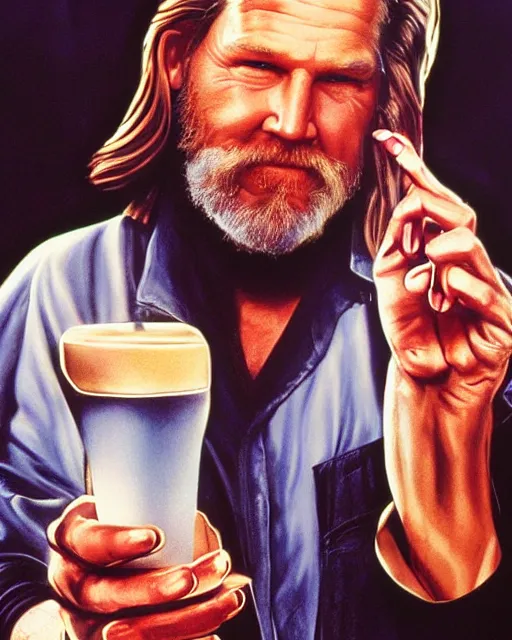 Image similar to jeff bridges in the big lebowski, airbrush, drew struzan illustration art, key art, movie poster