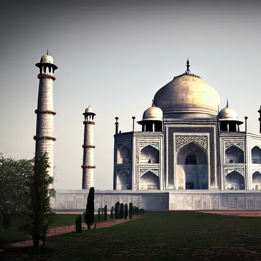 Prompt: a realistic photo of ruins of taj mahal, end of the world, octane render,