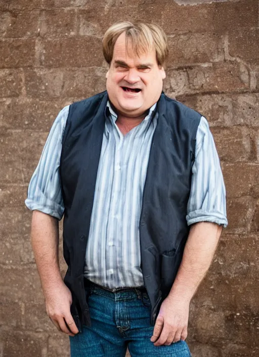 Image similar to DSLR photo portrait still of 58 year old age 58 Chris Farley at age 58!!!, 85mm f1.8