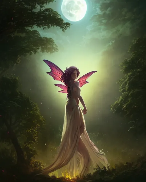 Image similar to attractive fairy goddness fly high in the night, d & d, fantasy, mist, full moon in background, trees, hyper detailed, art by artgerm and greg rutkowski and magali villeneuve, midium shot, 8 k realistic, cryengine, digital painting, trending on artstation, concept art, sharp focus, illustration,