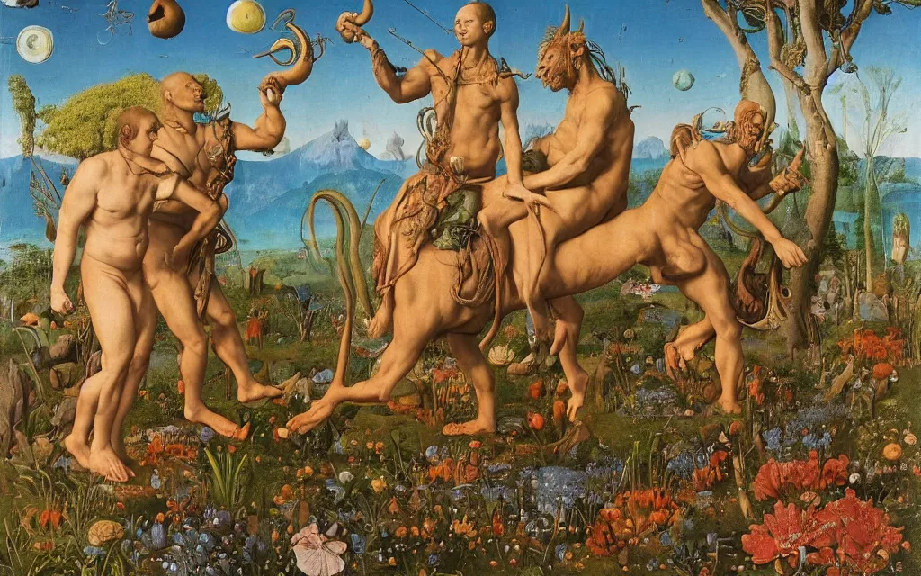 Image similar to a portrait photograph of a meditating satyr and a centaur monk riding a rocket machine and hunting at a river delta. surrounded by bulbous flowers and trees. mountain range under a blue sky of fiery stars. by jan van eyck, max ernst, ernst haeckel, ernst fuchs and artgerm, cgsociety, fashion editorial, 8 k