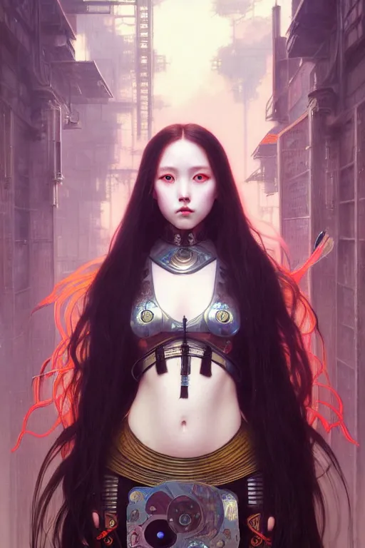 Image similar to full body painting of olivia hye loona cyberpunk samurai smiling, ultra realistic, concept art, intricate details, eerie, highly detailed, photorealistic, octane render, 8 k, unreal engine. art by artgerm and greg rutkowski and magali villeneuve and alphonse mucha