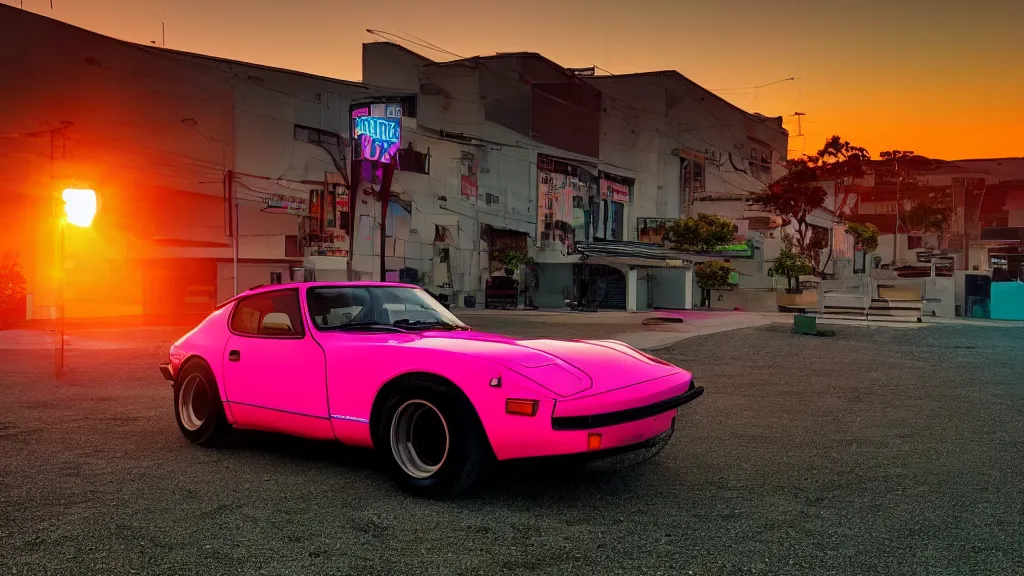 Image similar to neon synthwave datsun 4 2 0 z, at sunset, 8 k. filling most of the view