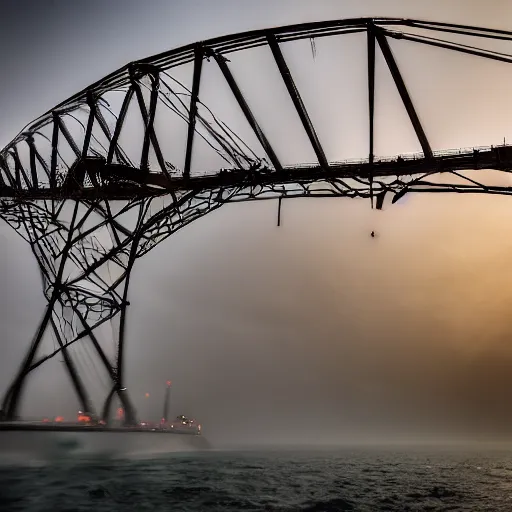 Image similar to Crimean bridge explosions, dslr, photojournalism, award winning photo, shot on Leica, copyright by New York Times, volumetric lighting